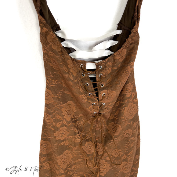 Mocha Floral Lace Whimsigoth Jumpsuit Fairy Rave Festival Y2K Ethereal Coquette - Picture 4 of 9